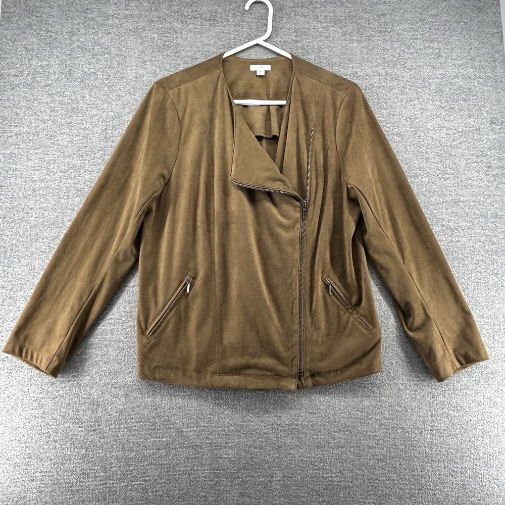 J Jill Faux‎ Suede Leather Jacket Women Size Large Petite Brown Casual